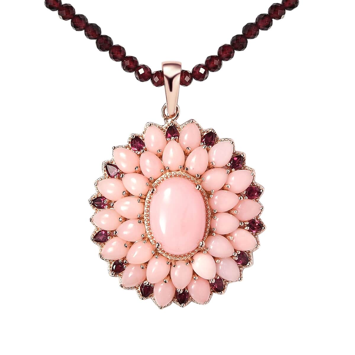 Peruvian Pink Opal and Rhodolite Garnet Pendant with Beaded Necklace 20 Inches in Vermeil Rose Gold Over Sterling Silver 129.15 ctw image number 0