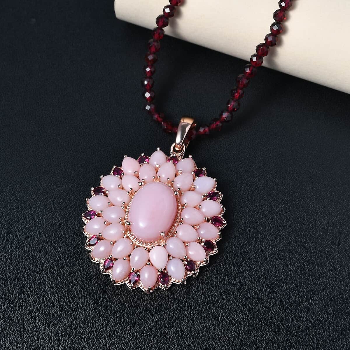 Peruvian Pink Opal and Rhodolite Garnet Pendant with Beaded Necklace 20 Inches in Vermeil Rose Gold Over Sterling Silver 129.15 ctw image number 1