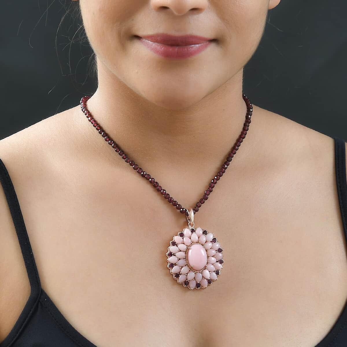 Peruvian Pink Opal and Rhodolite Garnet Pendant with Beaded Necklace 20 Inches in Vermeil Rose Gold Over Sterling Silver 129.15 ctw image number 2