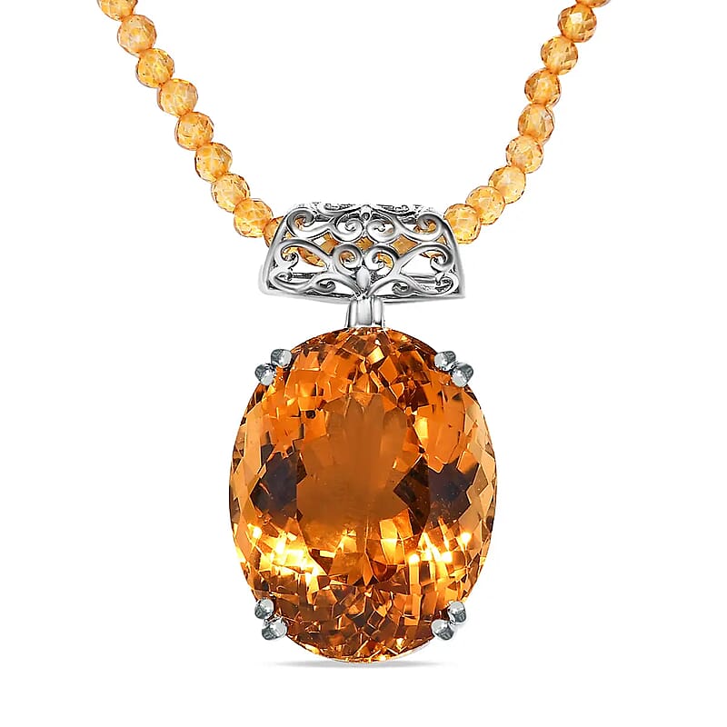 Brazilian Citrine Solitaire Pendant with Beaded Necklace (20 Inches) in Platinum Over Sterling Silver