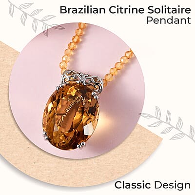 Brazilian Citrine Solitaire Pendant with Beaded Necklace (20 Inches) in Platinum Over Sterling Silver