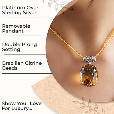 Brazilian Citrine Solitaire Pendant with Beaded Necklace (20 Inches) in Platinum Over Sterling Silver