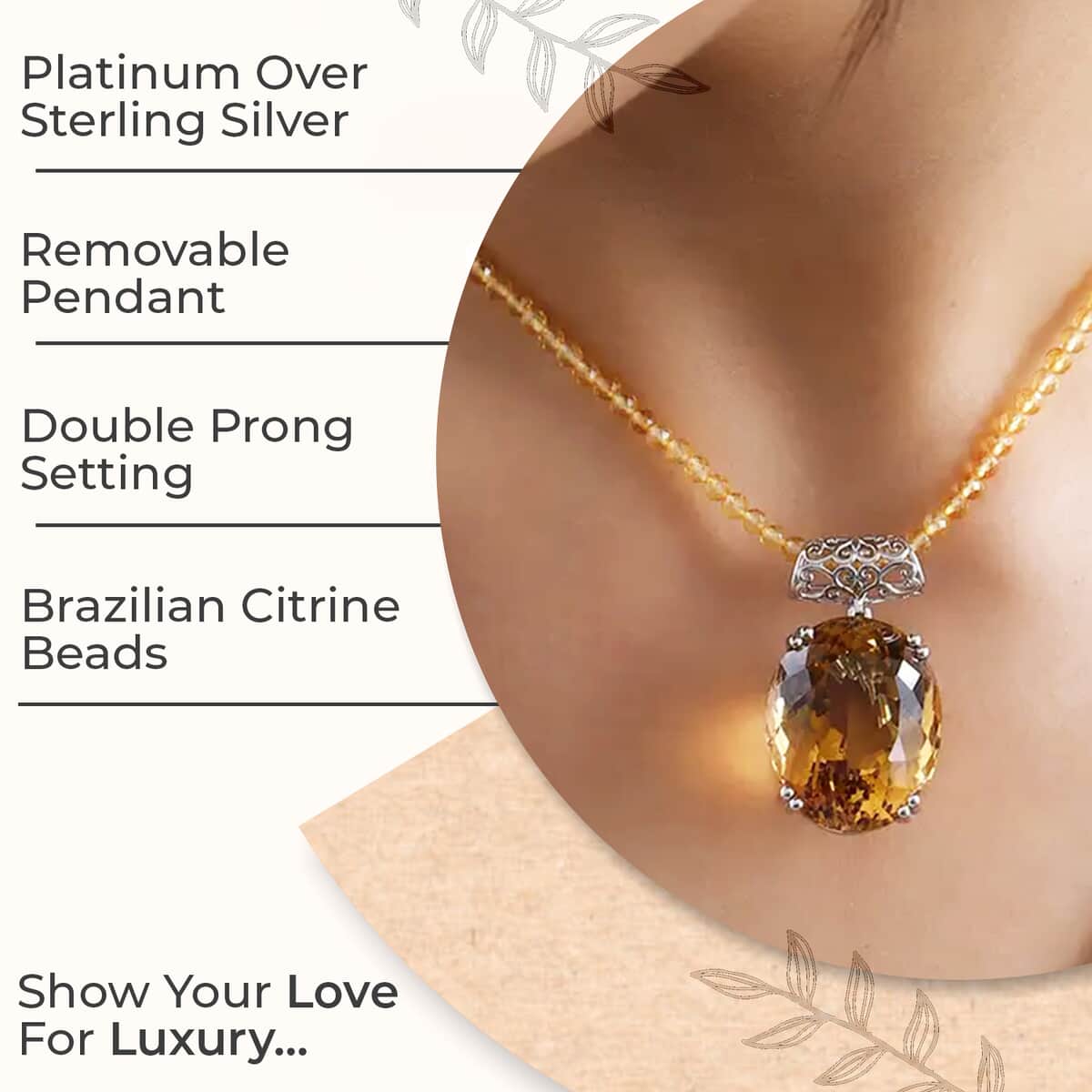 TLV Brazilian Citrine Pendant with Beaded Necklace (20 Inches) in Platinum Over Sterling Silver (12 g) 100.00 ctw image number 2