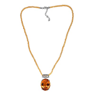 Brazilian Citrine Solitaire Pendant with Beaded Necklace (20 Inches) in Platinum Over Sterling Silver