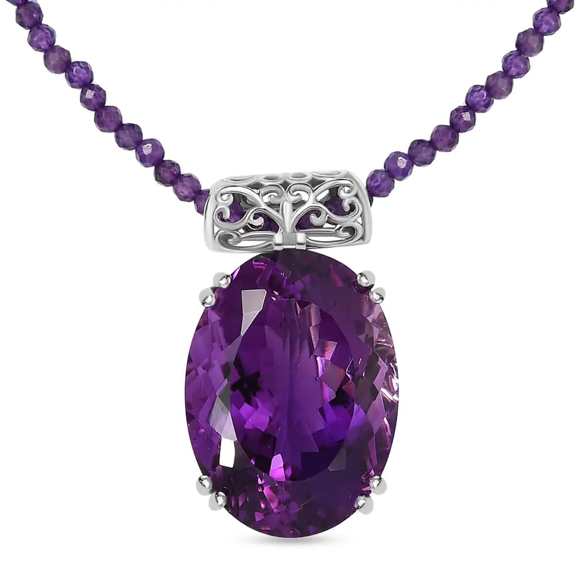 Amethyst Solitaire Pendant with Beaded Necklace, 20 Inch Necklace, Platinum Over Sterling Silver Necklace, Amethyst Jewelry 100.00 ctw image number 0