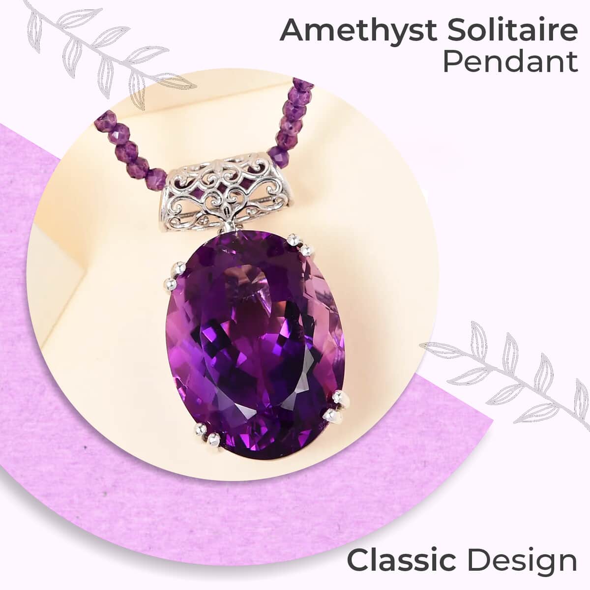 Amethyst Solitaire Pendant with Beaded Necklace, 20 Inch Necklace, Platinum Over Sterling Silver Necklace, Amethyst Jewelry 100.00 ctw image number 1