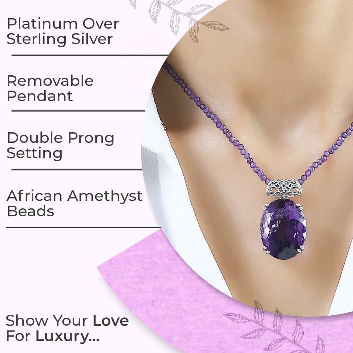 Amethyst Solitaire Pendant with Beaded Necklace, 20 Inch Necklace, Platinum Over Sterling Silver Necklace, Amethyst Jewelry 100.00 ctw image number 2