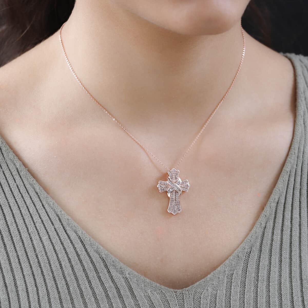 Natural Pink Diamond Cross Pendant Necklace 20 Inches in Vermeil Rose Gold Over Sterling Silver 0.50 ctw image number 2