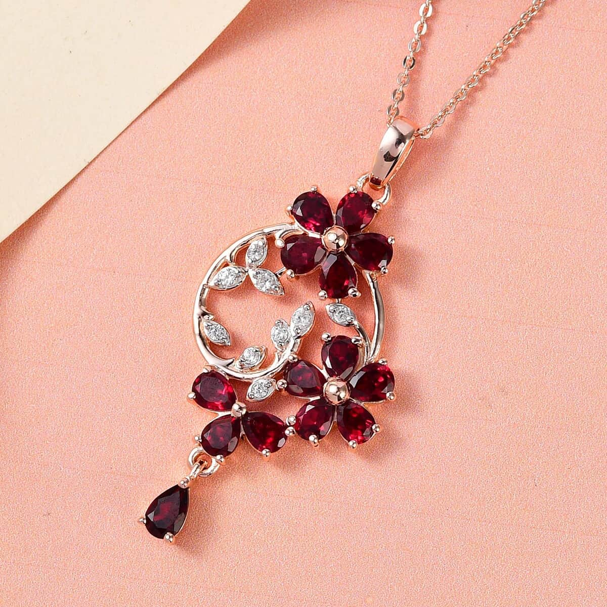 Anthill Garnet and White Zircon Floral Pendant Necklace 20 Inches in Vermeil Rose Gold Over Sterling Silver 2.85 ctw image number 1