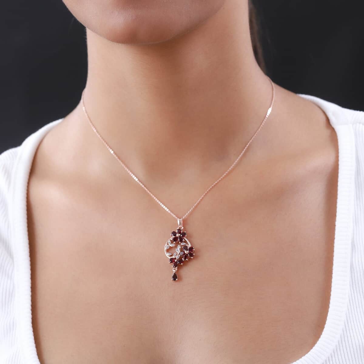 Anthill Garnet and White Zircon Floral Pendant Necklace 20 Inches in Vermeil Rose Gold Over Sterling Silver 2.85 ctw image number 2