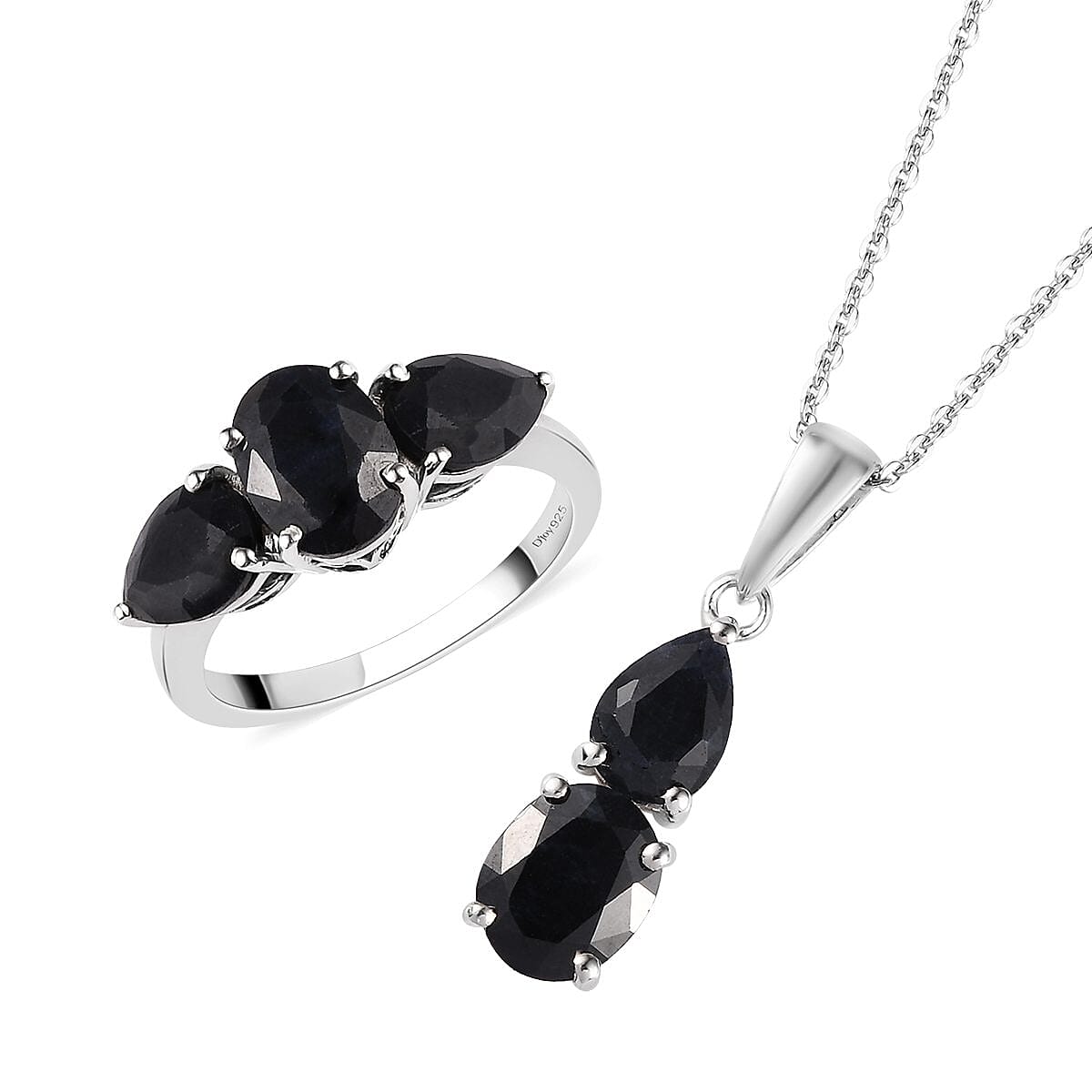 Australian Midnight Sapphire 3 Stone Ring (Size 5.0) and Pendant Necklace 20 Inches in Platinum Over Sterling Silver 6.60 ctw