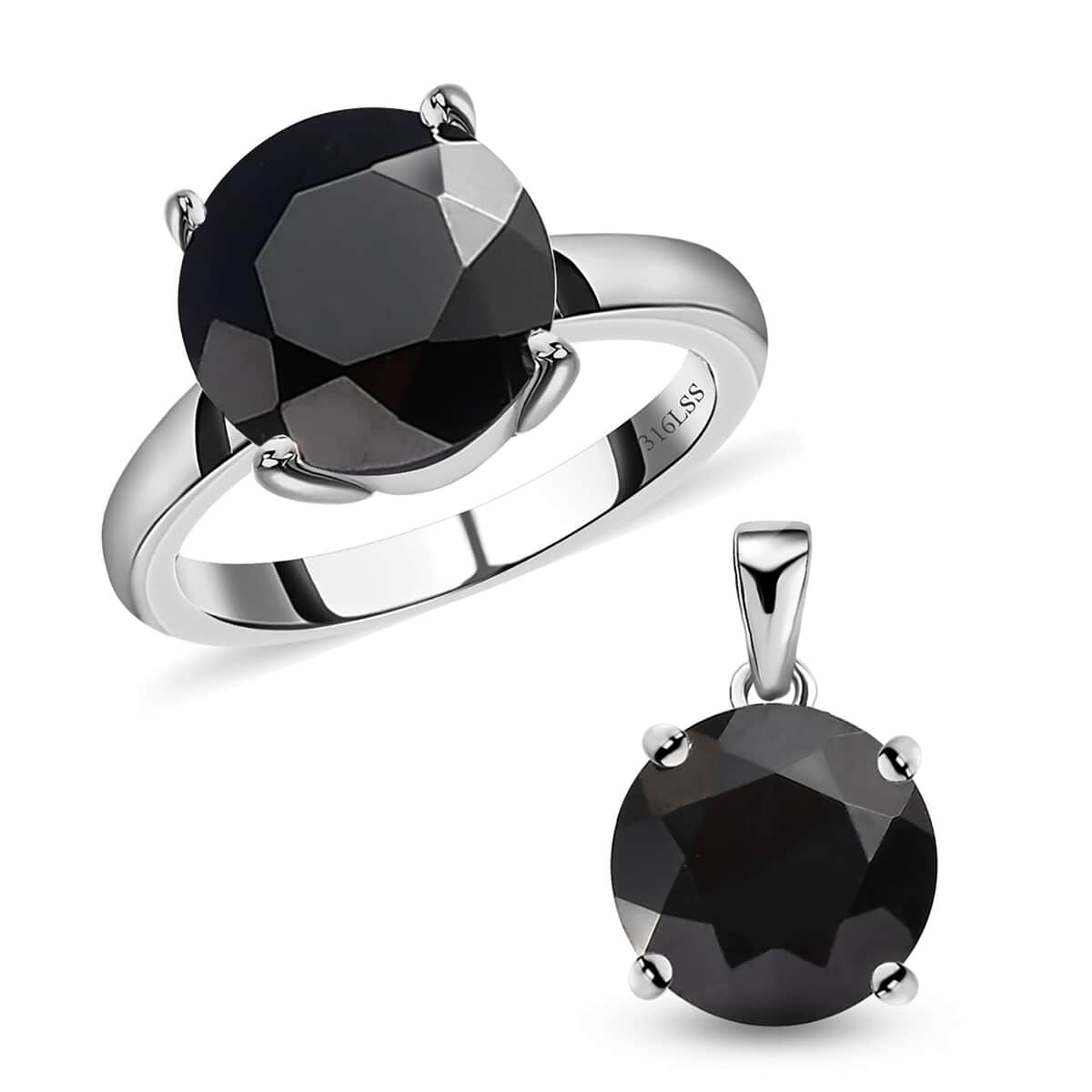 Natural Thai Black Spinel Solitaire Ring and Pendant in Stainless Steel 9.10 ctw image number 0