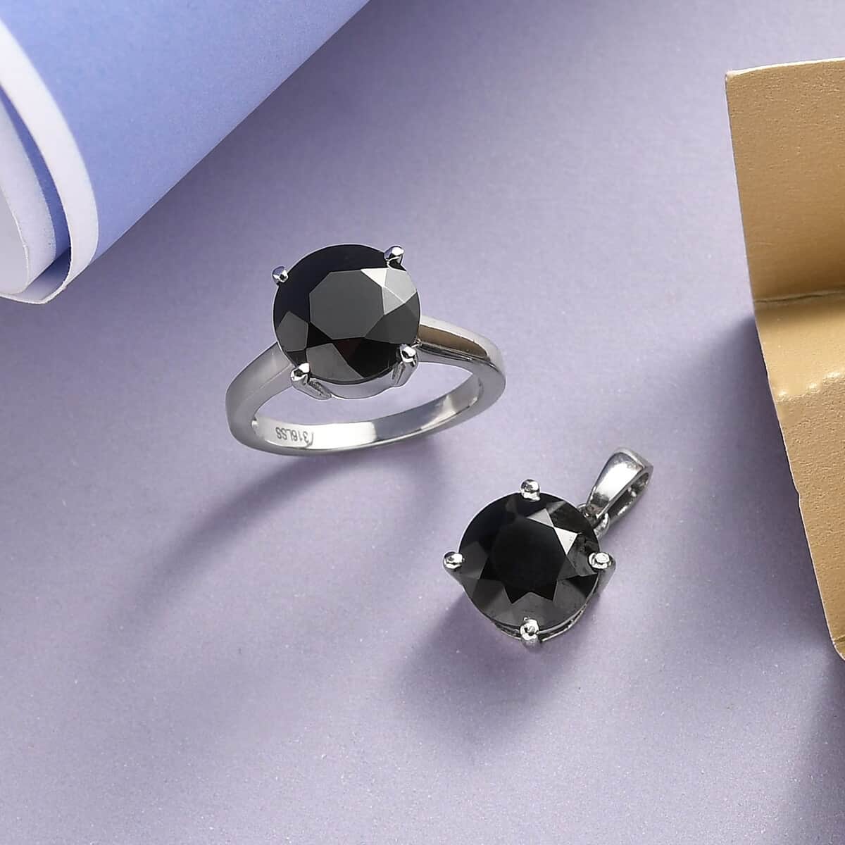 Natural Thai Black Spinel Solitaire Ring and Pendant in Stainless Steel 9.10 ctw image number 1