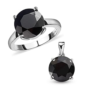 Thai Black Spinel Solitaire Ring (Size 7.0) and Pendant in Stainless Steel 9.10 ctw | Tarnish-Free, Waterproof, Sweat Proof Jewelry