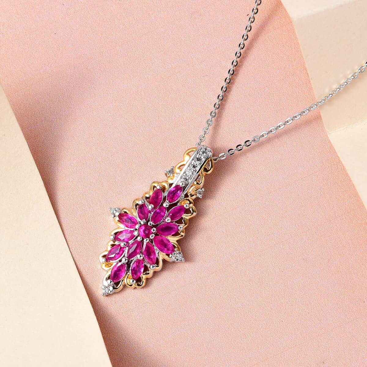 Premium Montepuez Ruby and White Zircon Pendant Necklace 20 Inches in Vermeil YG and Platinum Over Sterling Silver 1.30 ctw image number 1