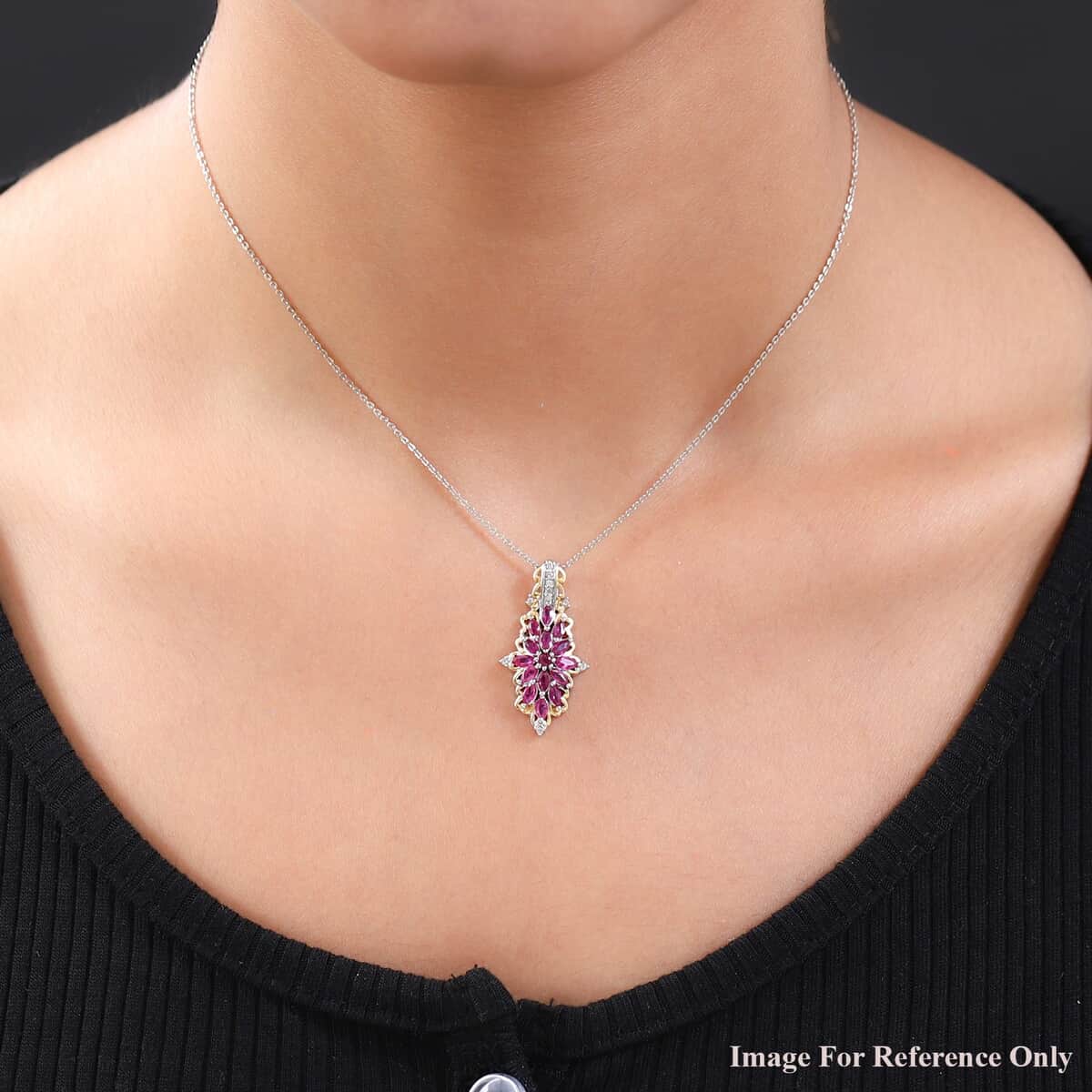 Premium Montepuez Ruby and White Zircon Pendant Necklace 20 Inches in Vermeil YG and Platinum Over Sterling Silver 1.30 ctw image number 2