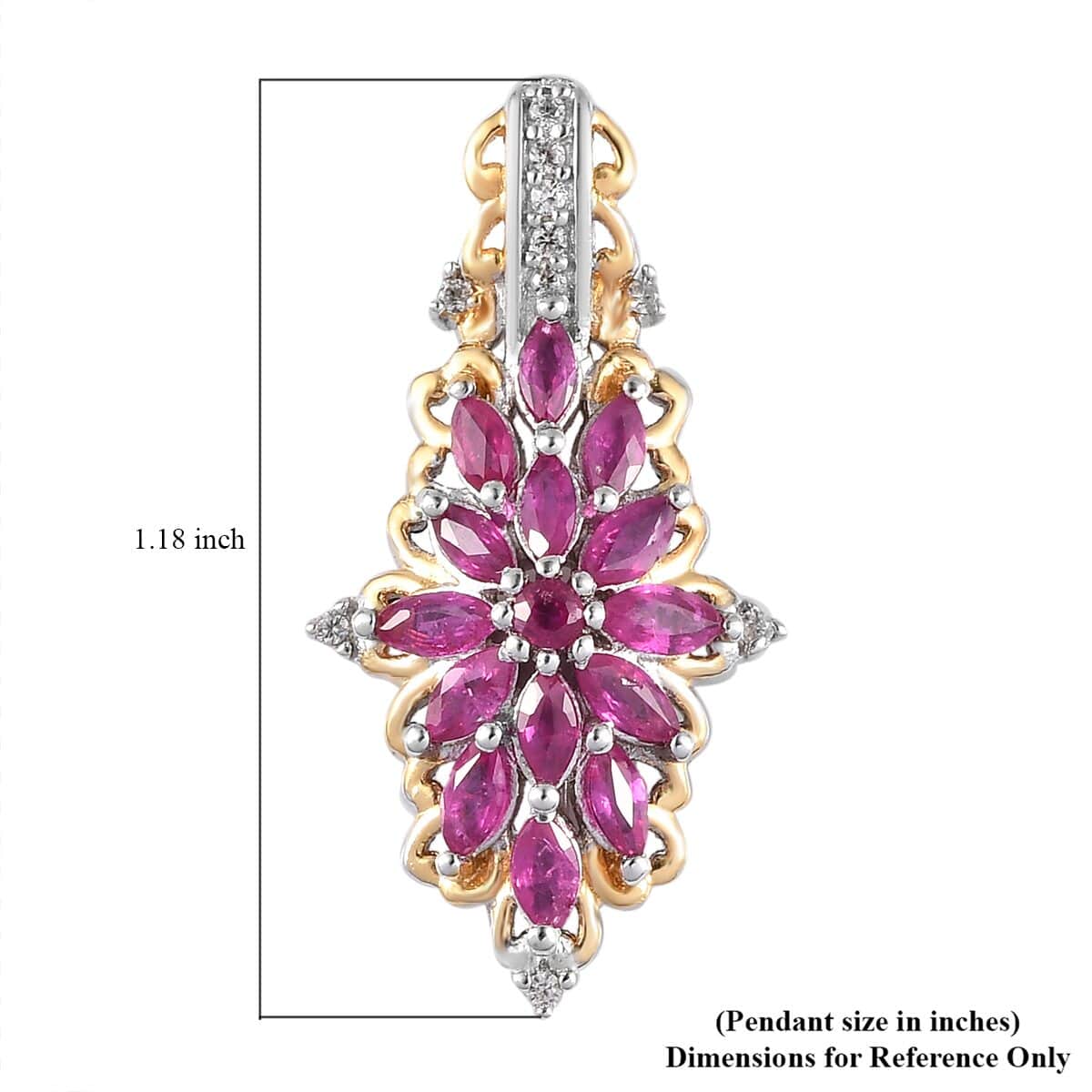Premium Montepuez Ruby and White Zircon Pendant Necklace 20 Inches in Vermeil YG and Platinum Over Sterling Silver 1.30 ctw image number 5
