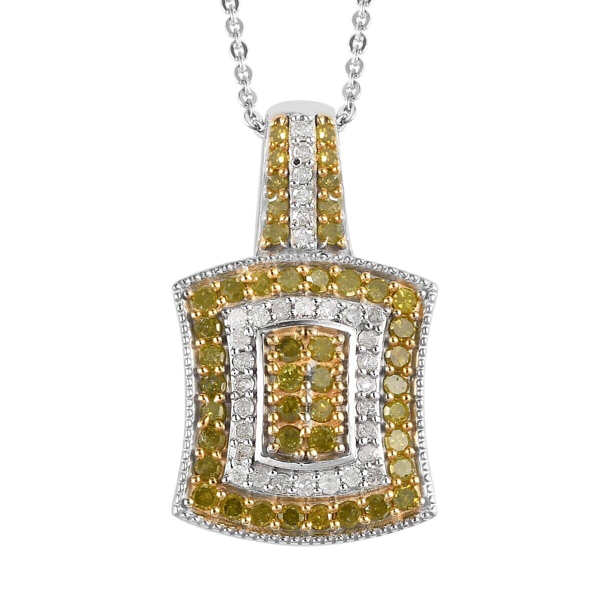 Yellow Diamond and Diamond Cluster Pendant Necklace 20 Inches in Platinum Over Sterling Silver 1.00 ctw image number 0