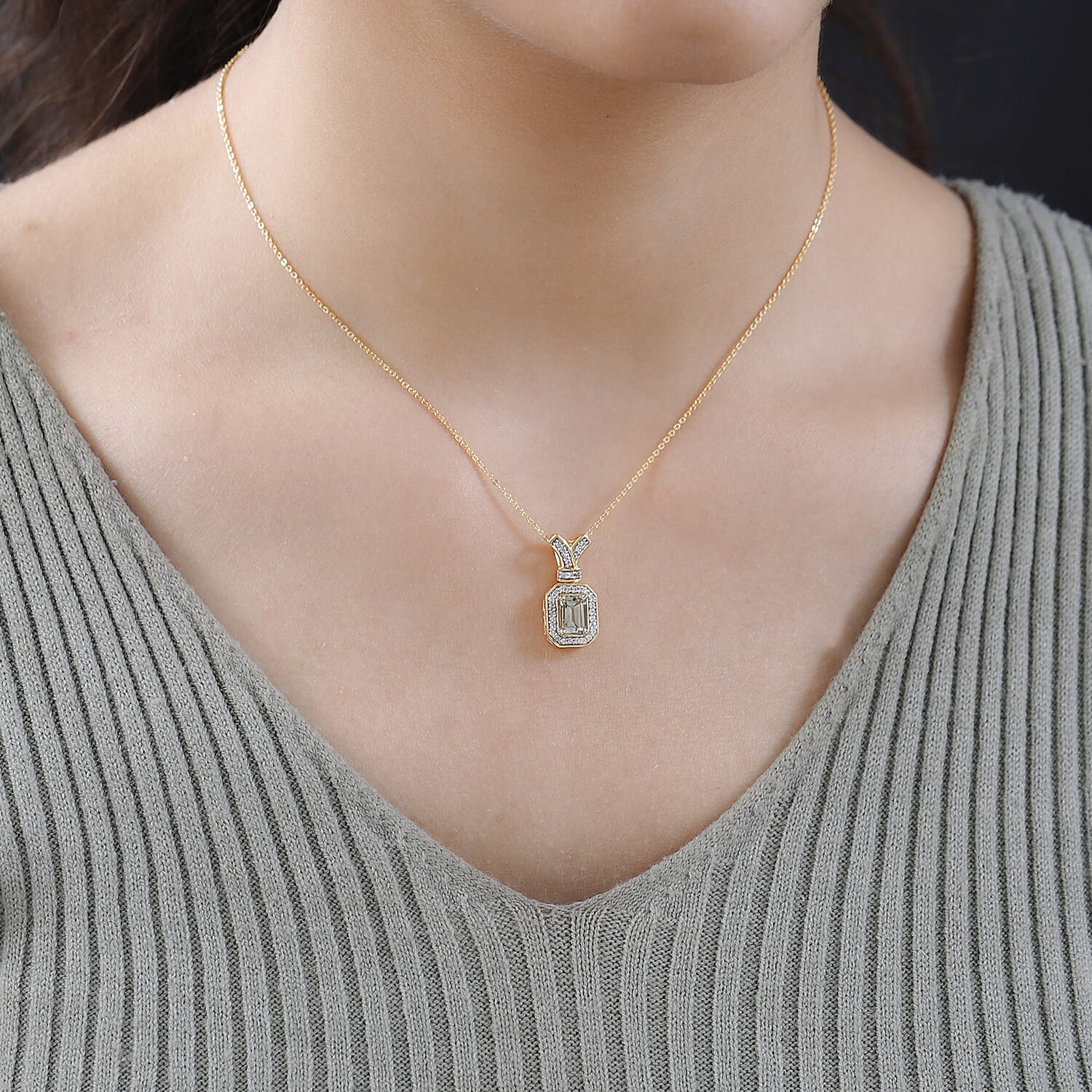 AAA Turkizite and White Zircon Pendant Necklace 20 Inches in Vermeil Yellow Gold Over Sterling Silver 1.50 ctw