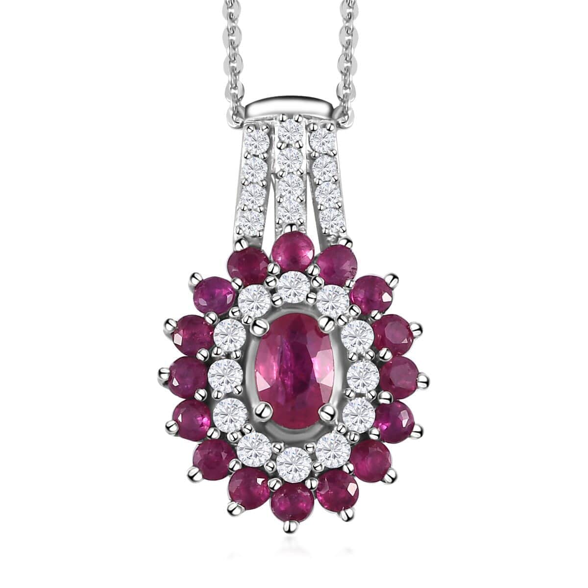 Premium Mozambique Ruby and White Zircon Double Halo Pendant Necklace 20 Inches in Platinum Over Sterling Silver 1.85 ctw image number 0
