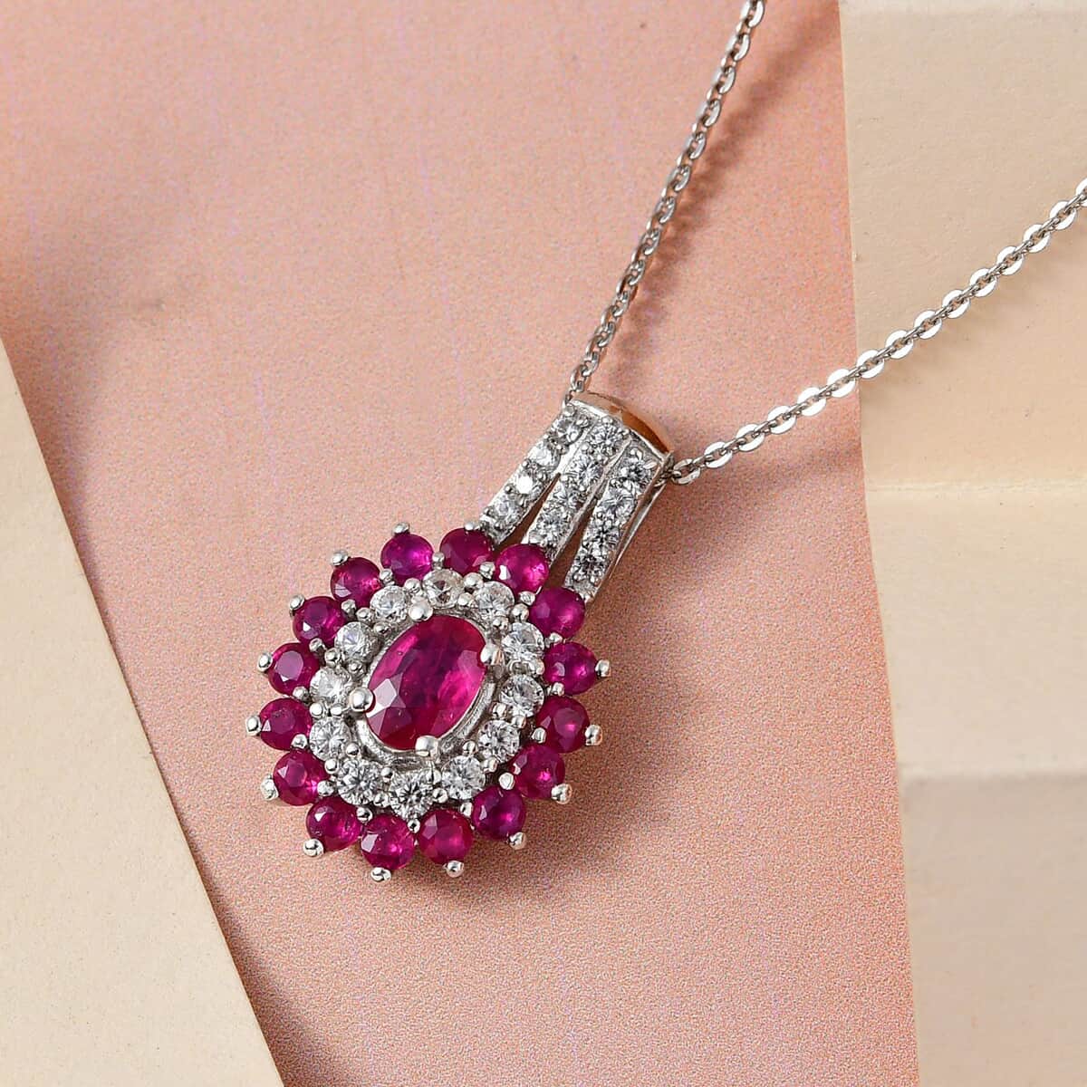 Premium Mozambique Ruby and White Zircon Double Halo Pendant Necklace 20 Inches in Platinum Over Sterling Silver 1.85 ctw image number 1