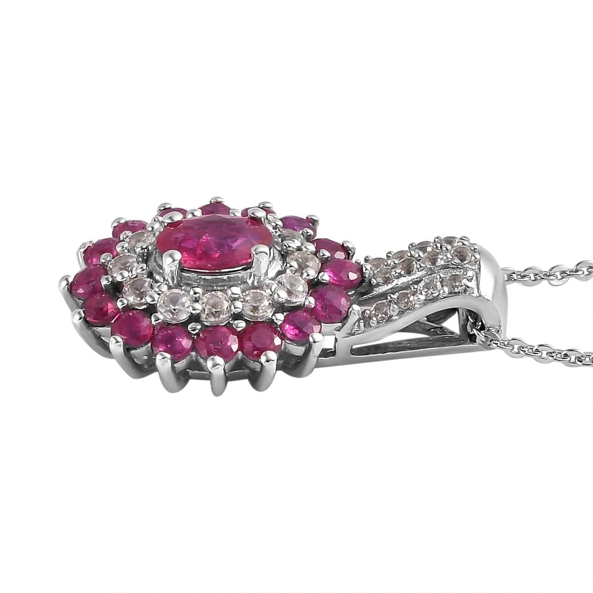 Premium Mozambique Ruby and White Zircon Double Halo Pendant Necklace 20 Inches in Platinum Over Sterling Silver 1.85 ctw image number 3