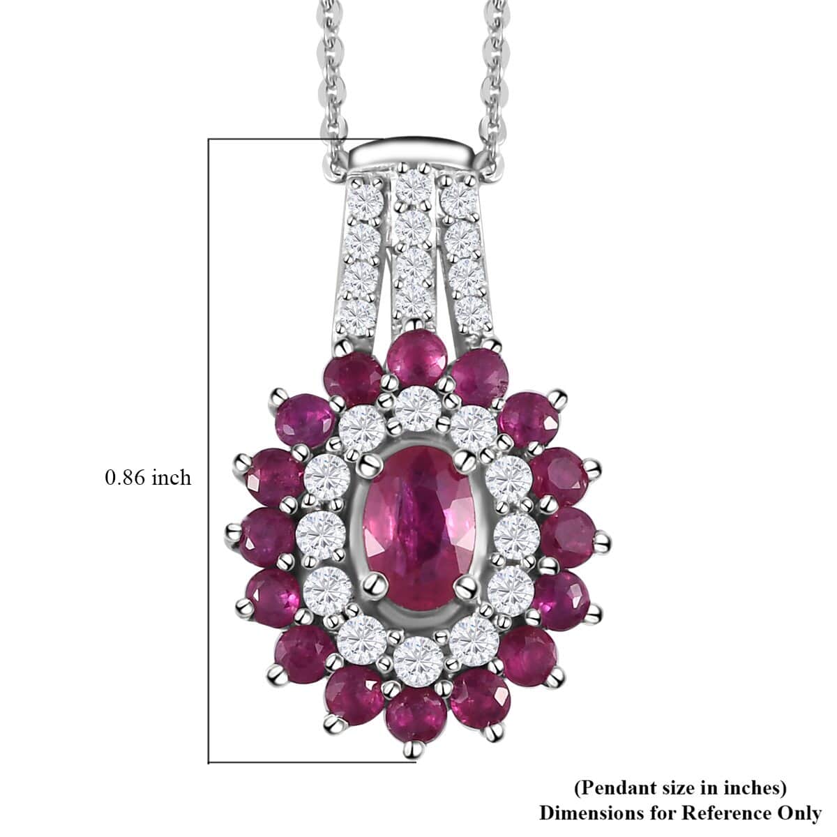 Premium Mozambique Ruby and White Zircon Double Halo Pendant Necklace 20 Inches in Platinum Over Sterling Silver 1.85 ctw image number 5