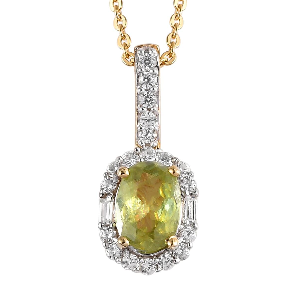 Premium Sava Sphene and White Zircon Halo Pendant Necklace 20 Inches in Vermeil Yellow Gold Over Sterling Silver 1.20 ctw image number 0