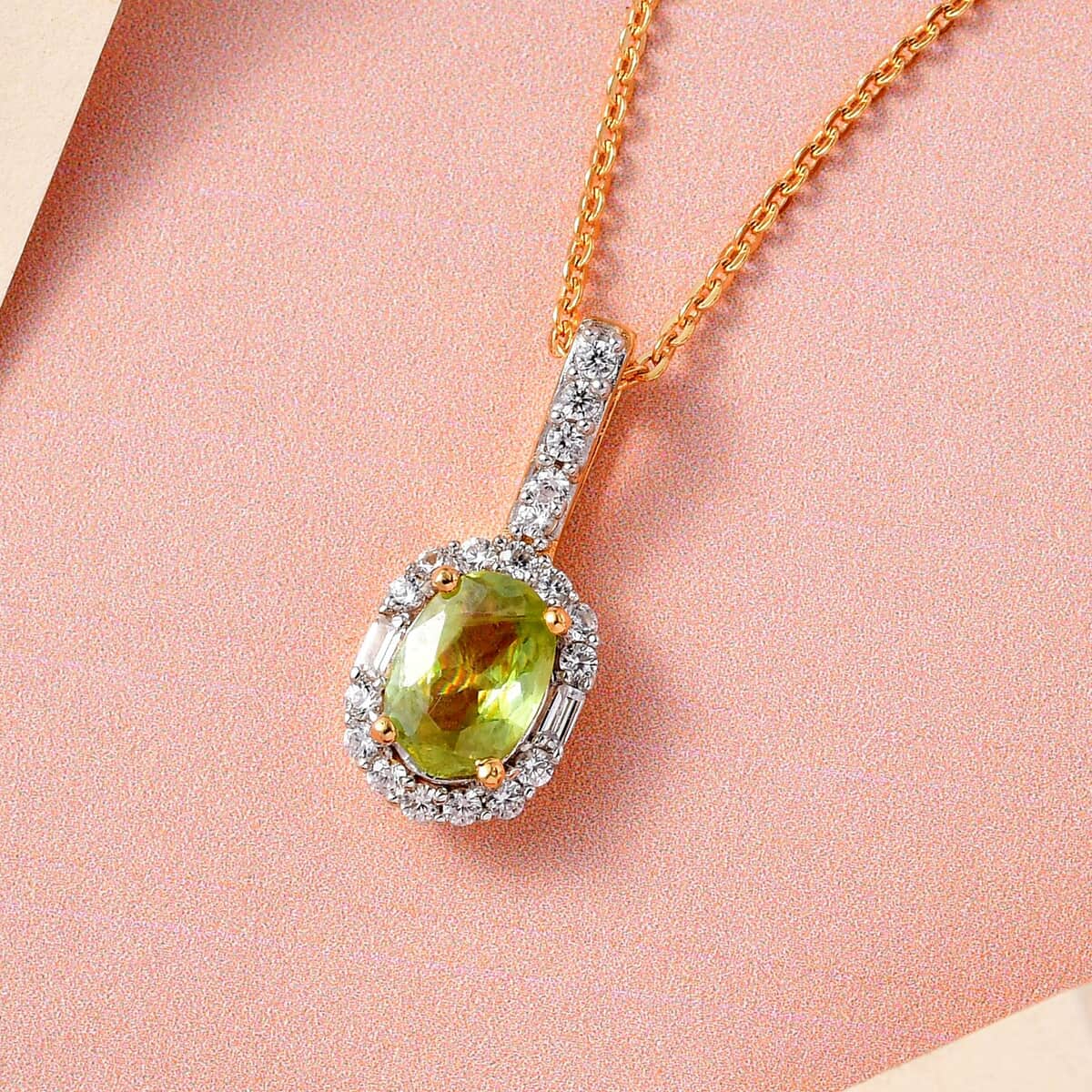 Premium Sava Sphene and White Zircon Halo Pendant Necklace 20 Inches in Vermeil Yellow Gold Over Sterling Silver 1.20 ctw image number 1