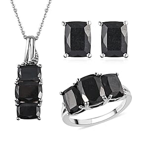 Australian Black Tourmaline 3 Stone Ring SIZE 5.00 Stud Earrings and Pendant Necklace 20 Inches in Platinum Over Sterling Silver 9.60 ctw