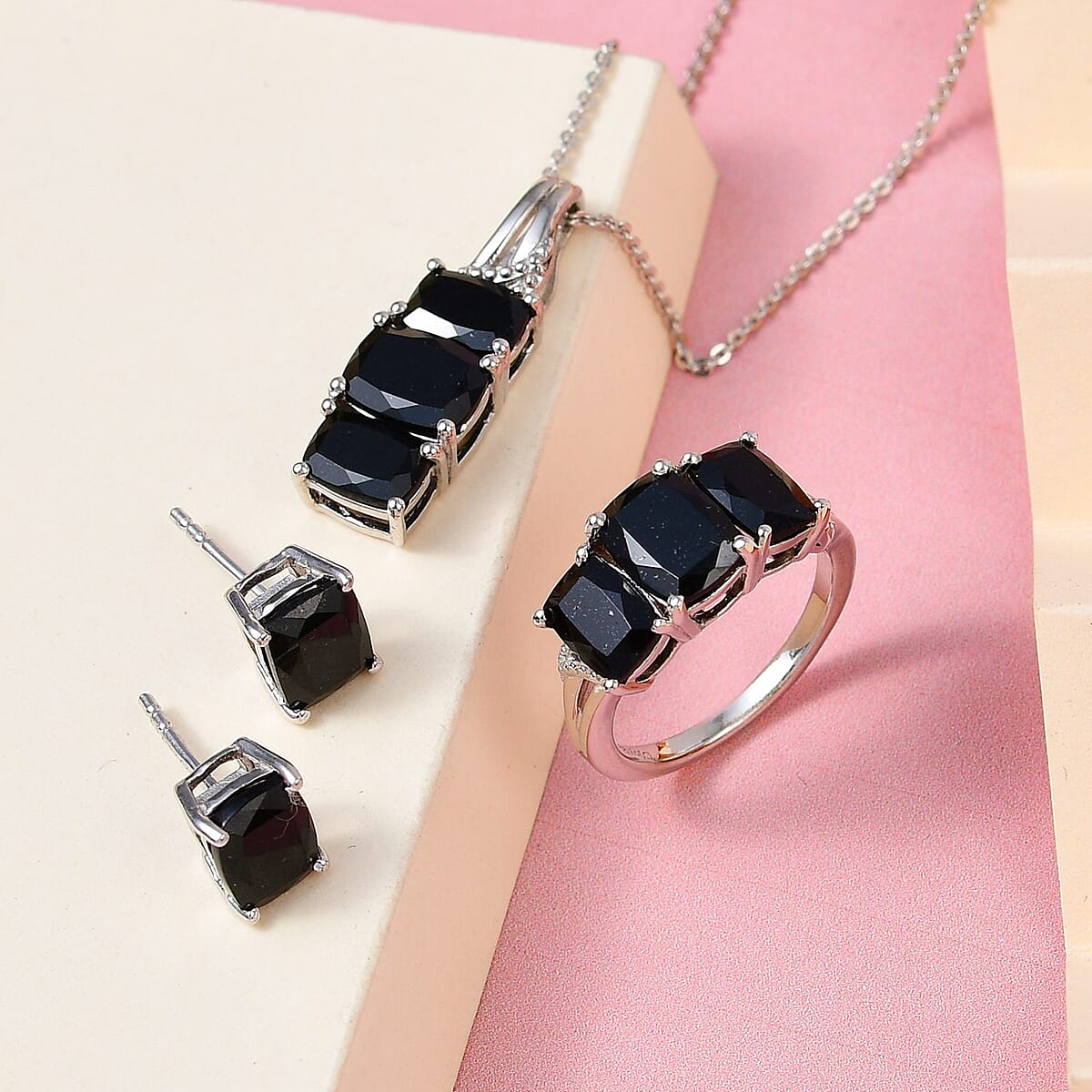 Australian Black Tourmaline 3 Stone Ring SIZE 5.00 Stud Earrings and Pendant Necklace 20 Inches in Platinum Over Sterling Silver 9.60 ctw image number 1