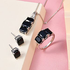 Australian Black Tourmaline 3 Stone Ring SIZE 5.00 Stud Earrings and Pendant Necklace 20 Inches in Platinum Over Sterling Silver 9.60 ctw