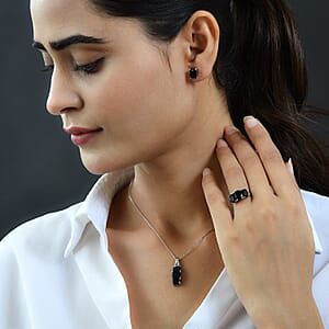 Australian Black Tourmaline 3 Stone Ring SIZE 5.00 Stud Earrings and Pendant Necklace 20 Inches in Platinum Over Sterling Silver 9.60 ctw