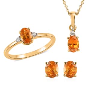 Premium Viceroy Spessartine Garnet and Moissanite Ring (Size 6.0), Stud Earrings and Pendant Necklace 20 Inches in Vermeil Yellow Gold Over Sterling Silver 2.10 ctw