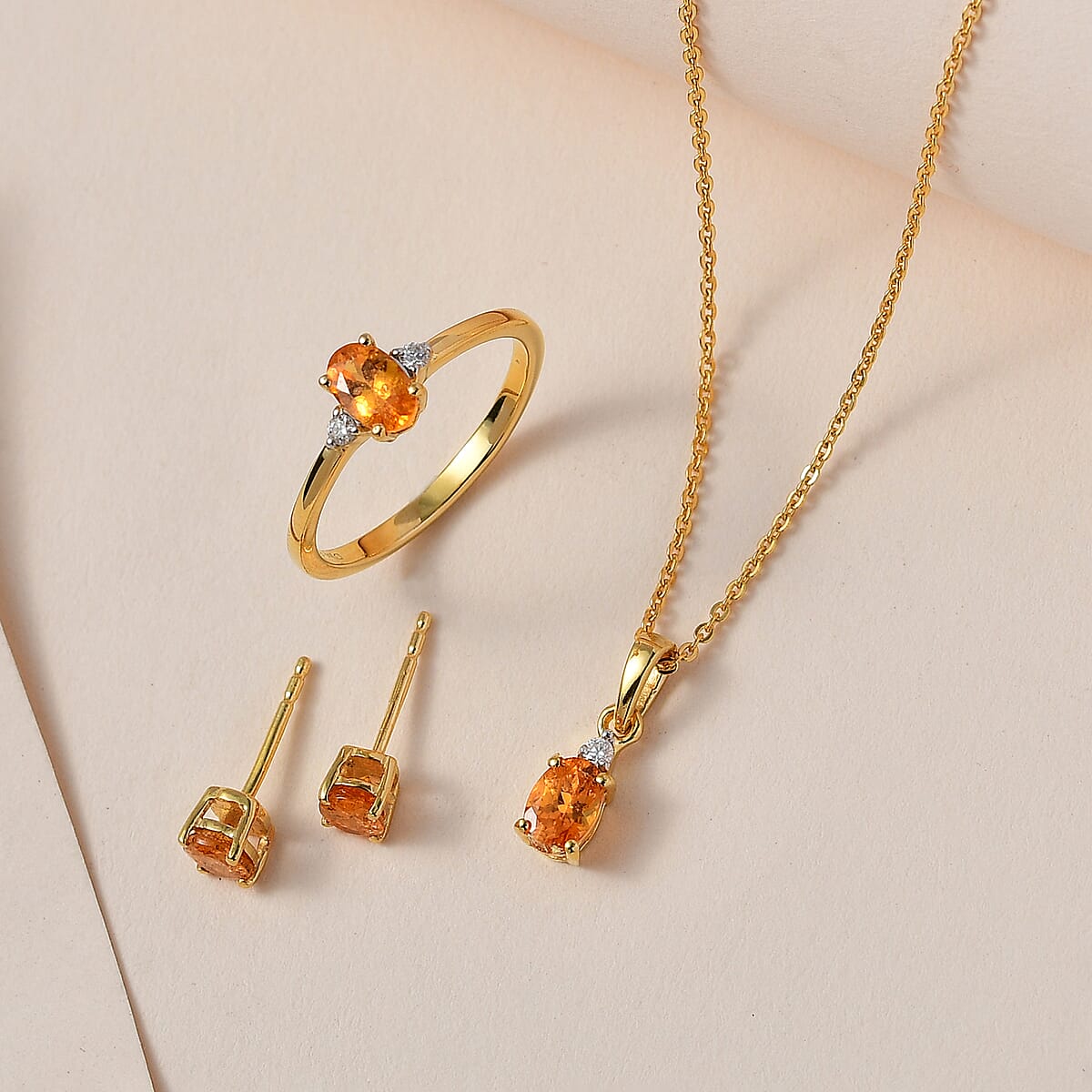 Premium Viceroy Spessartine Garnet and Moissanite Ring (Size 7.0), Stud Earrings and Pendant Necklace 20 Inches in Vermeil YG Over Sterling Silver 2.10 ctw image number 1