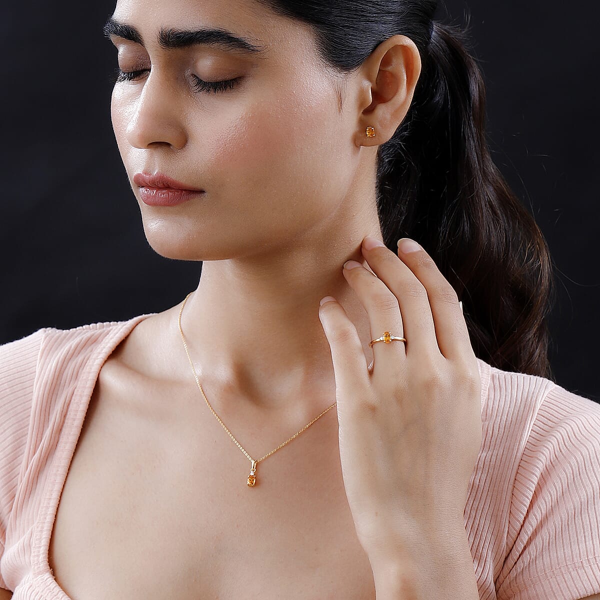 Premium Viceroy Spessartine Garnet and Moissanite Ring (Size 7.0), Stud Earrings and Pendant Necklace 20 Inches in Vermeil YG Over Sterling Silver 2.10 ctw image number 2