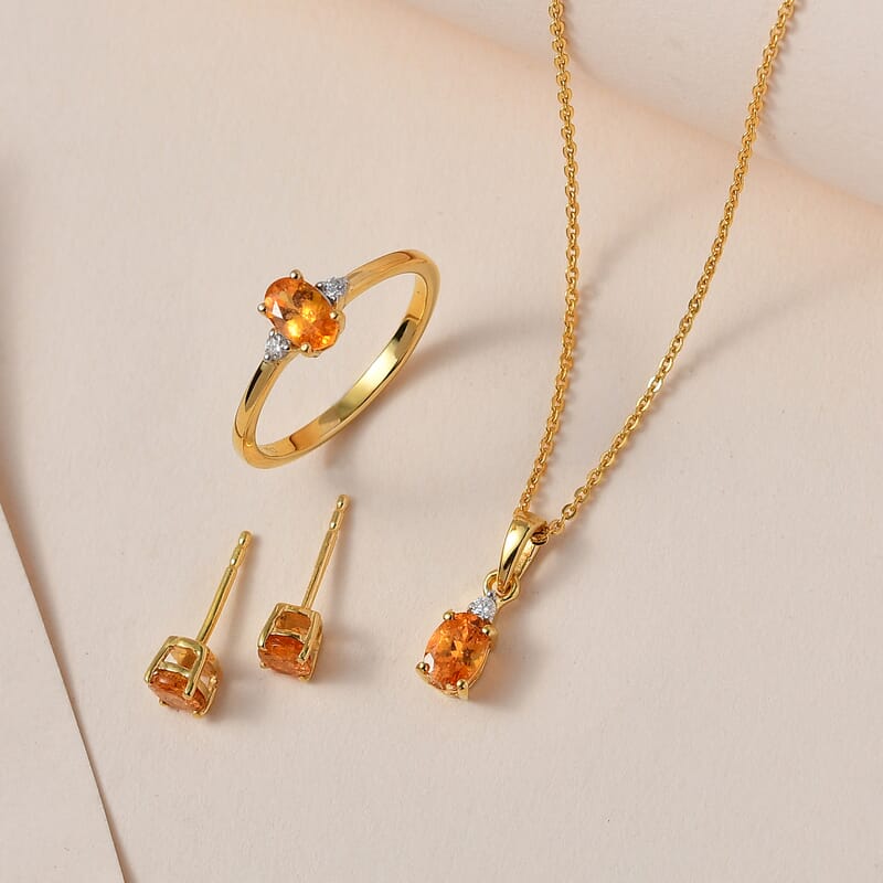 Premium Viceroy Spessartine Garnet, Moissanite Ring (Size 8.0), Stud Earrings and Pendant Necklace 20 Inches in Vermeil YG Over Sterling Silver 2.10 ctw
