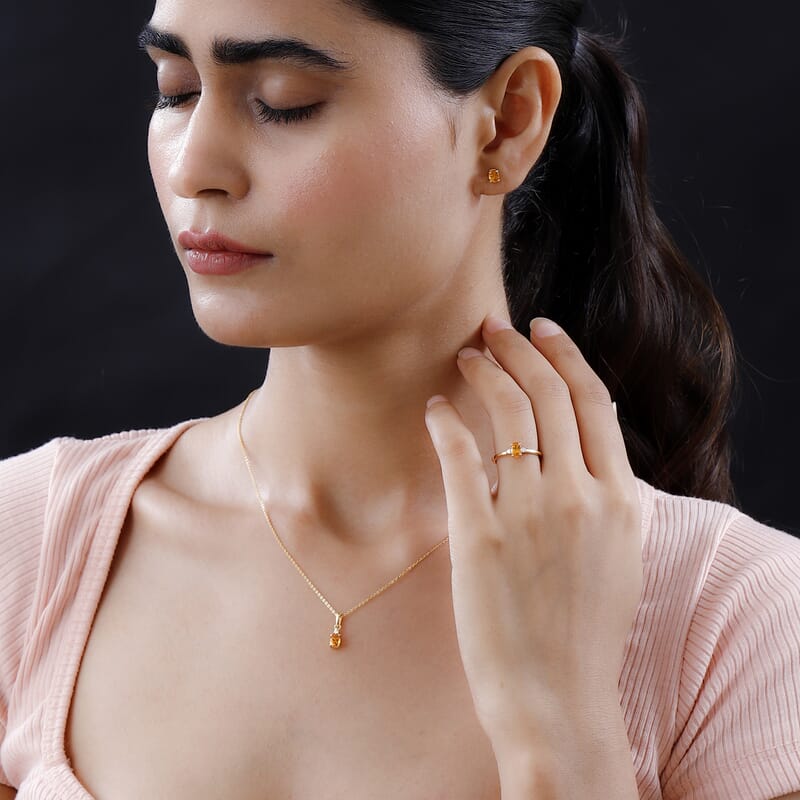Premium Viceroy Spessartine Garnet, Moissanite Ring (Size 8.0), Stud Earrings and Pendant Necklace 20 Inches in Vermeil YG Over Sterling Silver 2.10 ctw