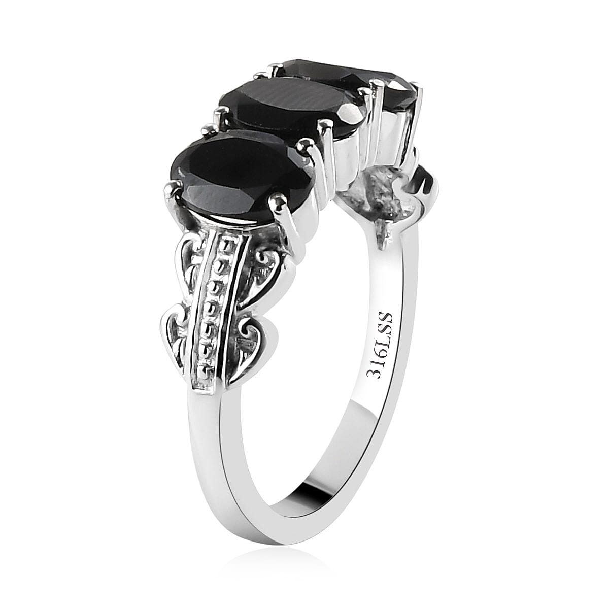 Thai Black Spinel 3 Stone Ring (Size 5.0) and Pendant in Stainless Steel 6.75 ctw
