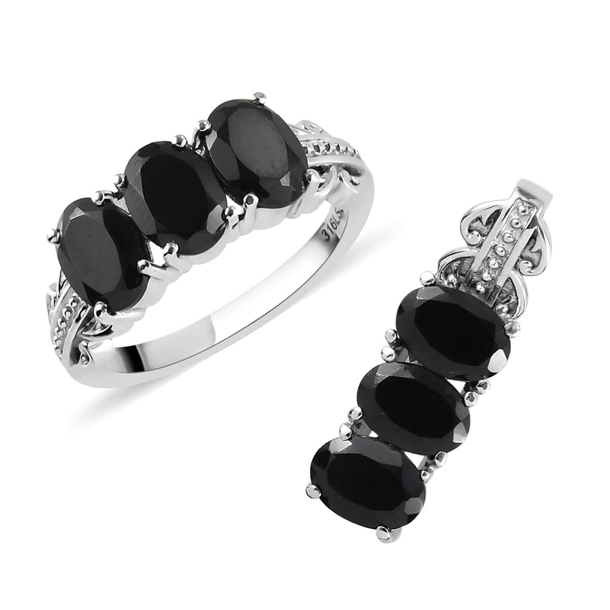 Thai Black Spinel 3 Stone Ring (Size 8.0) and Pendant in Stainless Steel 6.75 ctw , Tarnish-Free, Waterproof, Sweat Proof Jewelry image number 0