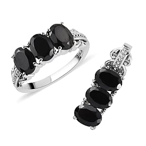 Thai Black Spinel 3 Stone Ring (Size 9.0) and Pendant in Stainless Steel 6.75 ctw