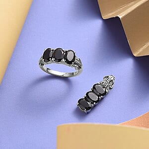 Thai Black Spinel 3 Stone Ring (Size 9.0) and Pendant in Stainless Steel 6.75 ctw