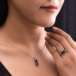 Thai Black Spinel 3 Stone Ring (Size 9.0) and Pendant in Stainless Steel 6.75 ctw