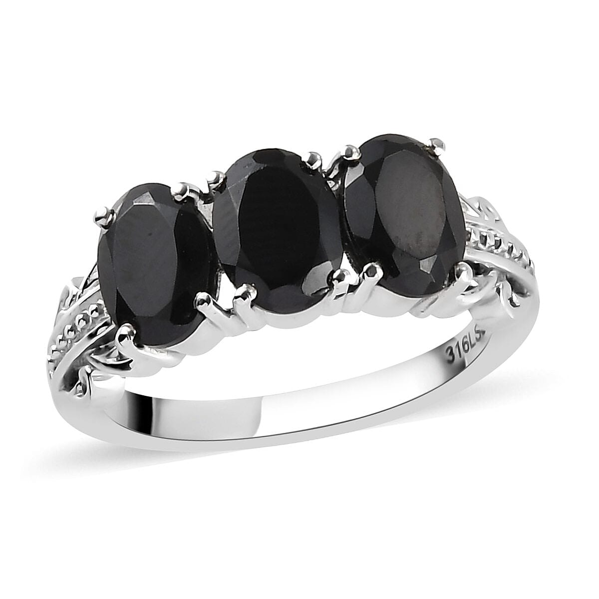Thai Black Spinel 3 Stone Ring (Size 9.0) and Pendant in Stainless Steel 6.75 ctw image number 3