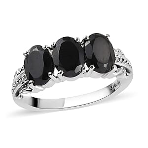 Thai Black Spinel 3 Stone Ring (Size 9.0) and Pendant in Stainless Steel 6.75 ctw