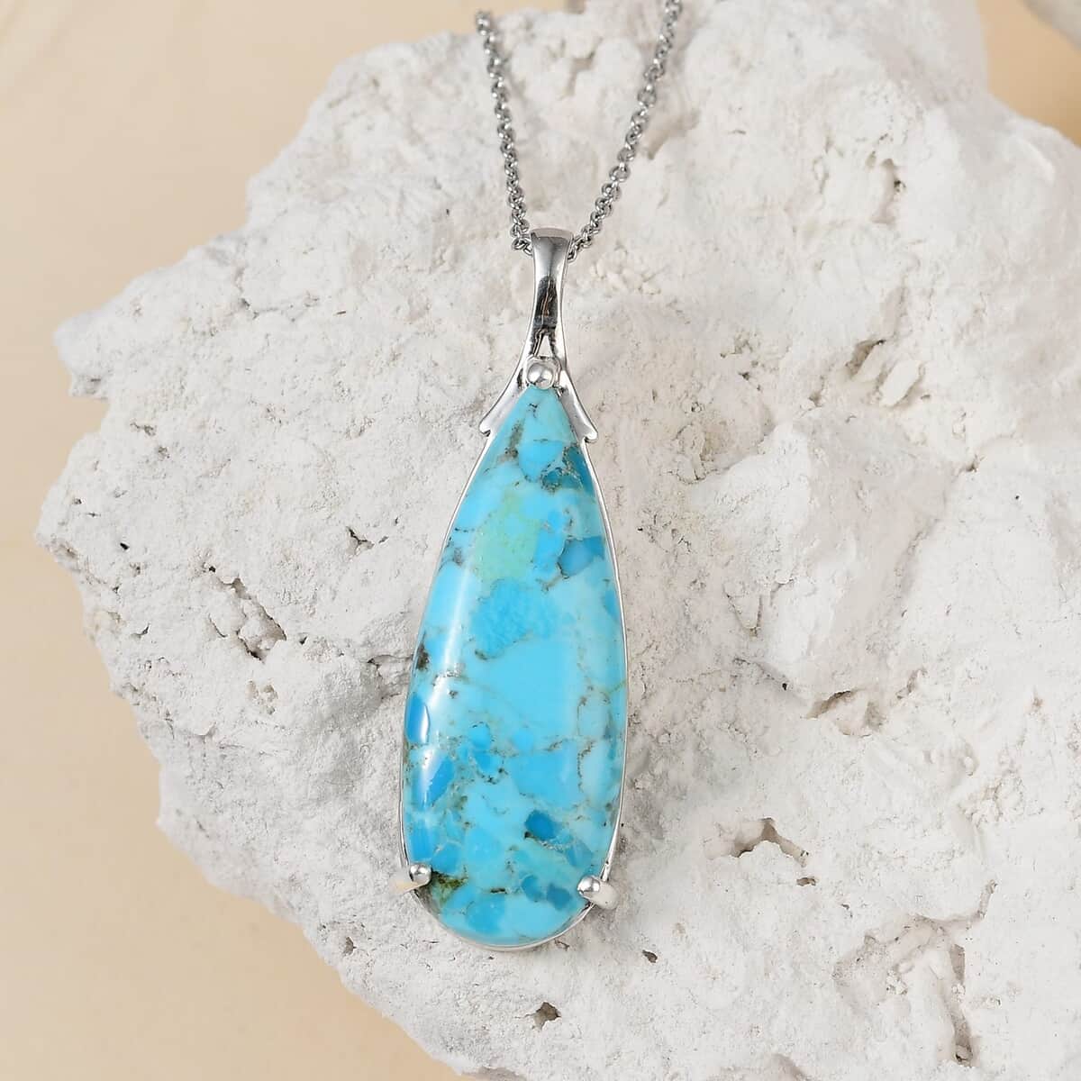 Freshened Turquoise Solitaire Pendant in Platinum Over Sterling Silver with Stainless Steel Necklace 20 Inches 20.35 ctw image number 1