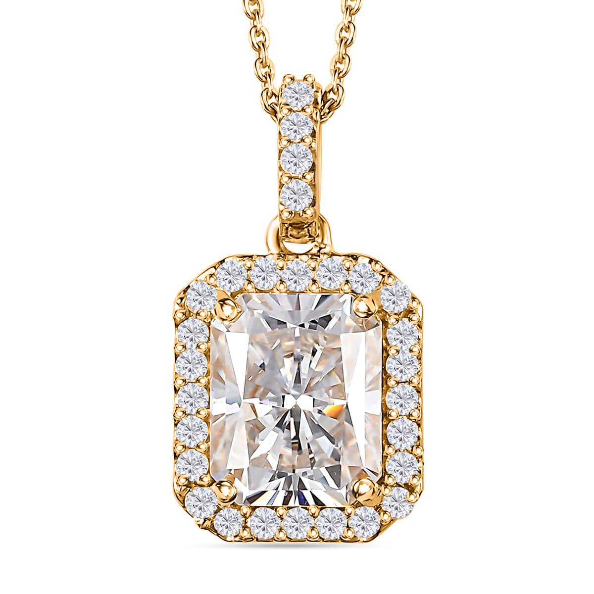 Radiant Cut Moissanite Halo Pendant Necklace 20 Inches in Vermeil Yellow Gold Over Sterling Silver 4.00 ctw image number 0