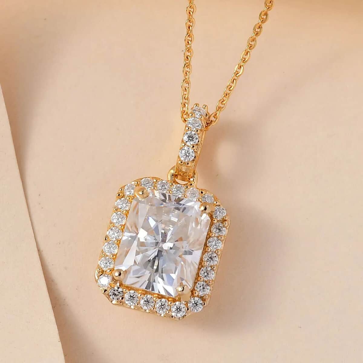 Radiant Cut Moissanite Halo Pendant Necklace 20 Inches in Vermeil Yellow Gold Over Sterling Silver 4.00 ctw image number 1