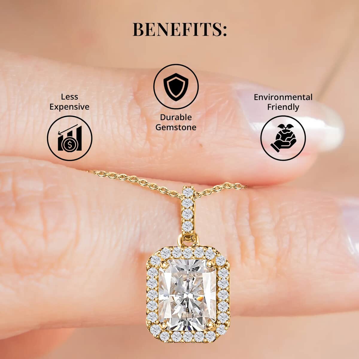 Radiant Cut Moissanite Halo Pendant Necklace 20 Inches in Vermeil Yellow Gold Over Sterling Silver 4.00 ctw image number 3