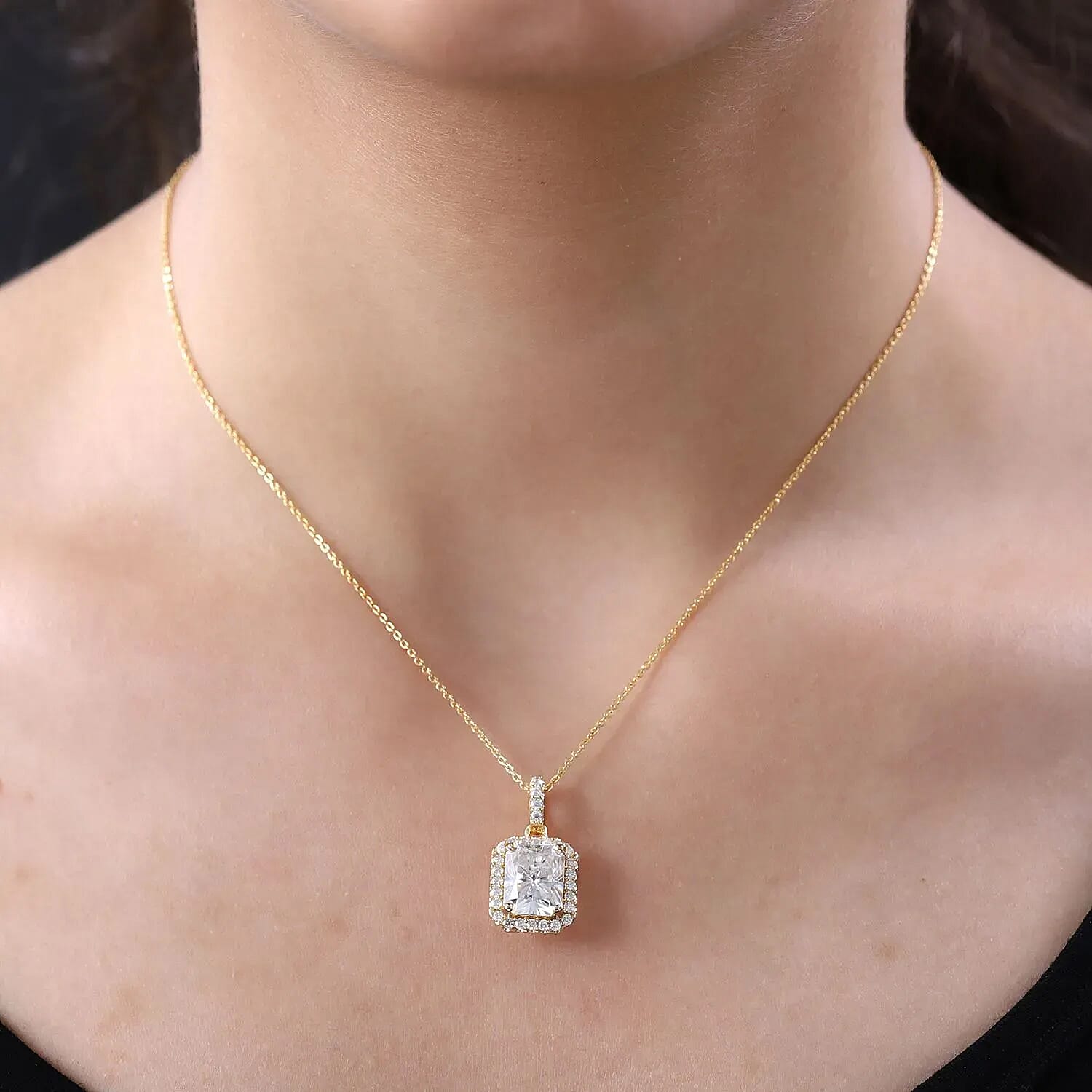 Radiant Cut Moissanite Halo Pendant Necklace 20 Inches in Vermeil Yellow Gold Over Sterling Silver 4.00 ctw